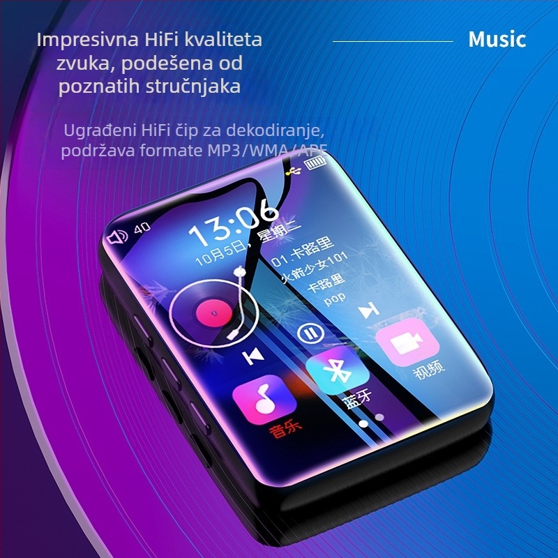 Metalni MP4 player s Bluetoothom i dodirnim zaslonom, 2,5-inčni TFT zaslon, podrška za TF karticu, MP3/WAV/FLAC/APE/WMA/OGG, FM radio i snimanje