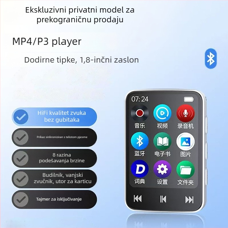 Bluetooth MP3/MP4 prijenosni player za učenike — slušanje glazbe, čitanje elektroničkih knjiga, slušanje engleskog jezika, snimanje zvuka