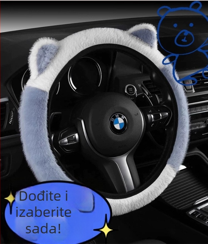 Navlaka za volan automobila, pliš zimi, crtani stil, s mačjim ušima, univerzalna prilagodba — Materijal: sintetička vlakna; Sezona: zima; Ugradnja: univerzalno
