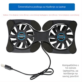 Podloga za hlađenje prijenosnog računala s dva ventilatora, sklopiva i prijenosna, hlađenje na zrak