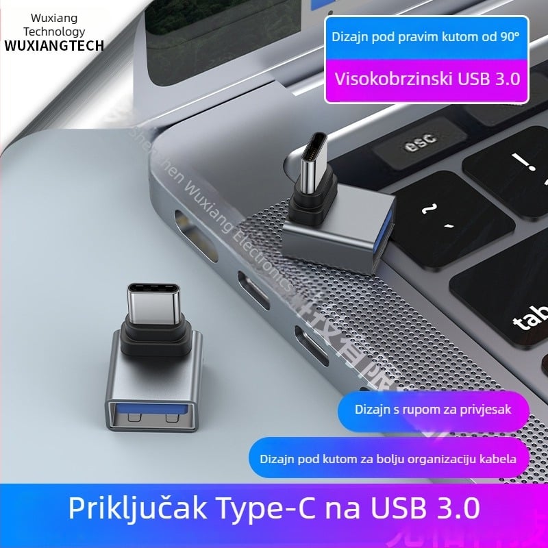 Adapter Type-C na USB 3.0, 90° kut, Type-C muški na USB-A ženski, bakreno jezgro, USB 3.0