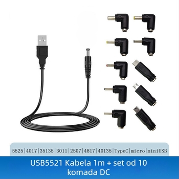 Set DC punjača adaptera: od 5.5×2.1 mm do 5.5×2.5 mm, 5521 priključak, USB kabel 1 m, 10-u-1 set