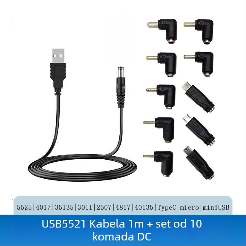 Set DC punjača adaptera: od 5.5×2.1 mm do 5.5×2.5 mm, 5521 priključak, USB kabel 1 m, 10-u-1 set