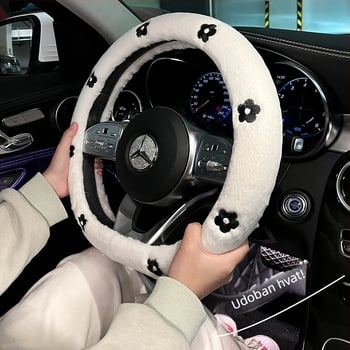Navlaka za volan automobila od pliša, zimska, uzor Camellia, univerzalna veličina, promjer 38 cm