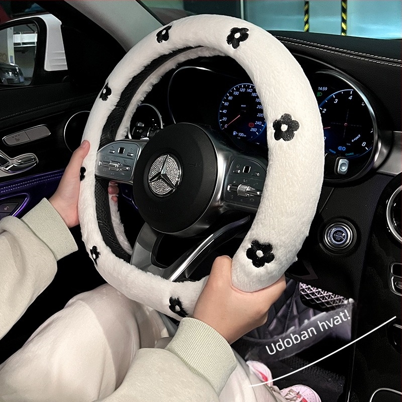 Navlaka za volan automobila od pliša, zimska, uzor Camellia, univerzalna veličina, promjer 38 cm