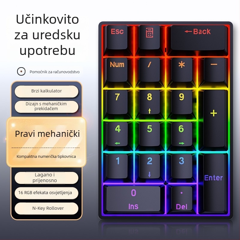 Mehanička numerička tipkovnica od 20 tipki, žična, sa zelenom osovinom i miješanim pozadinskim osvjetljenjem