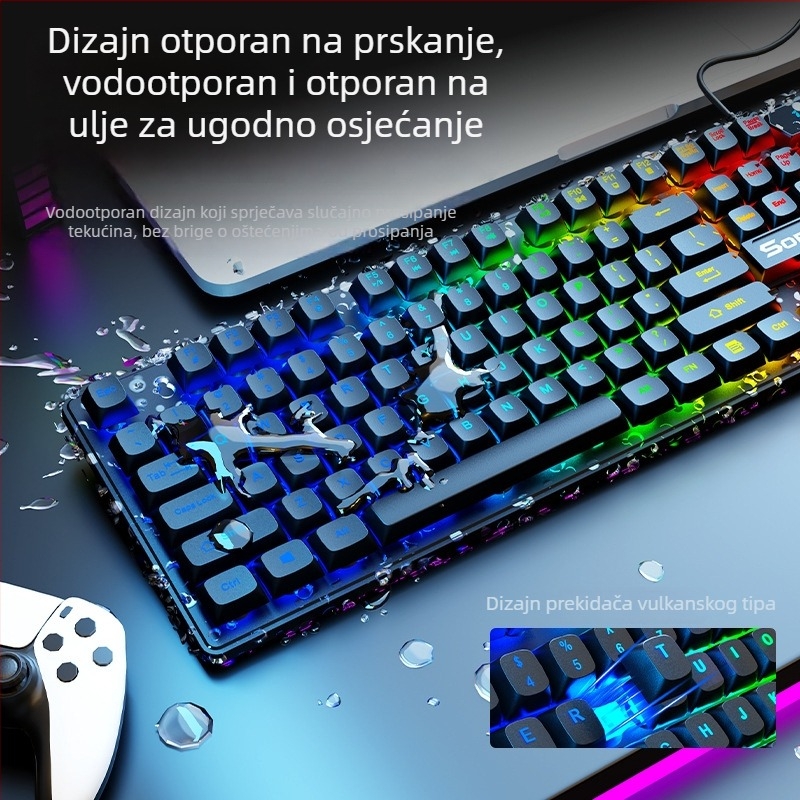 KM2025 komplet tipkovnice i miša - Žično USB, mehanički osjećaj, osvjetljenje, 1800 DPI, ergonomski dizajn, za prijenosno računalo, kućnu upotrebu, gaming i ured