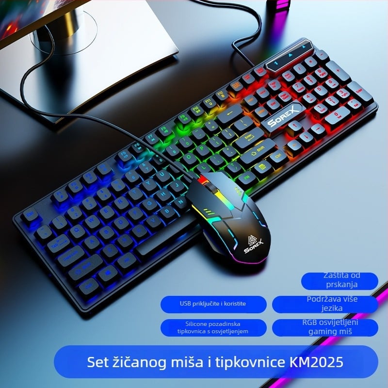 KM2025 komplet tipkovnice i miša - Žično USB, mehanički osjećaj, osvjetljenje, 1800 DPI, ergonomski dizajn, za prijenosno računalo, kućnu upotrebu, gaming i ured