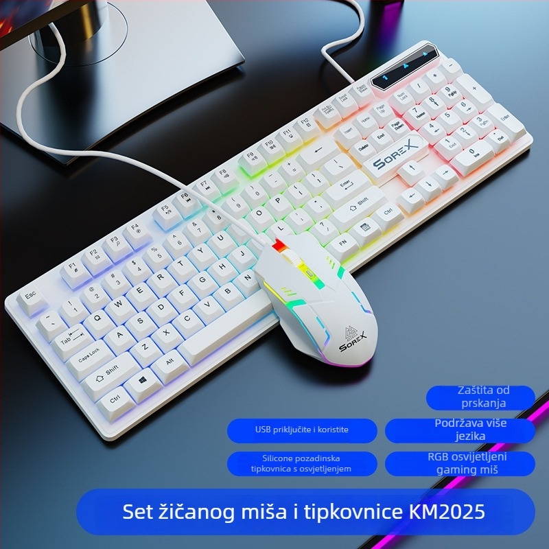 KM2025 komplet tipkovnice i miša - Žično USB, mehanički osjećaj, osvjetljenje, 1800 DPI, ergonomski dizajn, za prijenosno računalo, kućnu upotrebu, gaming i ured