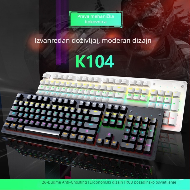 Gaming tipkovnica K104 s mehaničkim prekidačima, više od 98 tipki, žična, višebojno osvjetljenje