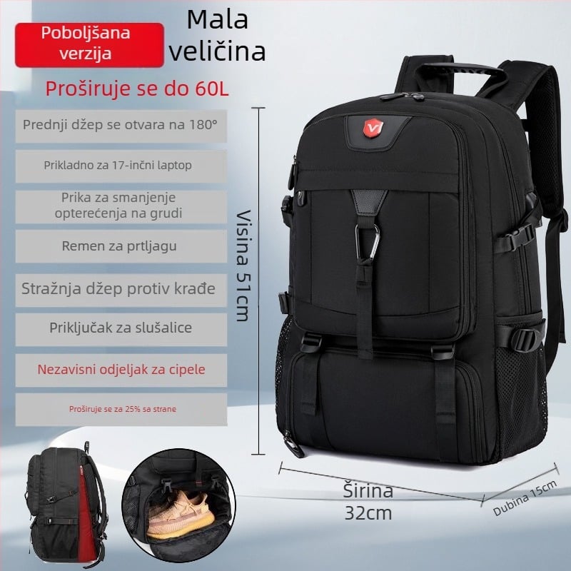 Muški putni ruksak velike kapacitete 56–75 L, vodootporan Oxford materijal, proširivi dizajn, pogodan za 16-inčni prijenosnik, naramenice sa zračnim jastučićima