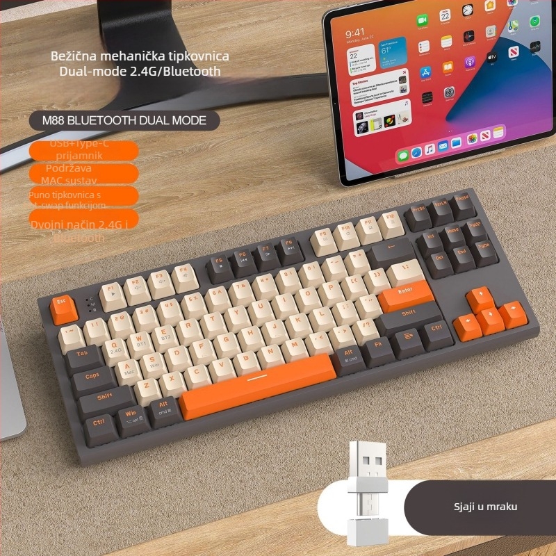 Free Wolf M88 bežično Bluetooth dvostrukog načina mehanička tipkovnica za igre s PBT tipkama, crveni stikovi, vodootporna, 87 tipki