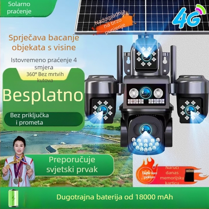 Solarna vanjska kamera s daljinskim upravljanjem putem mobilne aplikacije, HD noćni način snimanja, 5V napajanje, 0.001 lux, -20 do 45°C, vanjska upotreba, funkcija alarma