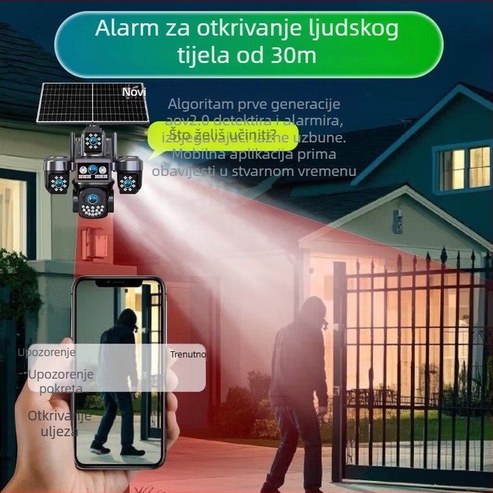 Solarna vanjska kamera s daljinskim upravljanjem putem mobilne aplikacije, HD noćni način snimanja, 5V napajanje, 0.001 lux, -20 do 45°C, vanjska upotreba, funkcija alarma
