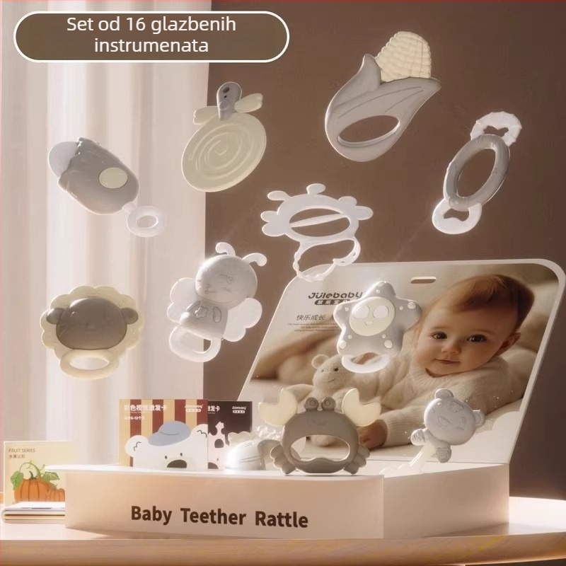 Set za zube i drndalicu za bebe 0–3 godine – silikon + ABS, interaktivna igračka u poklon kutiji za razvoj osjetila i koordinacije ruka-oko