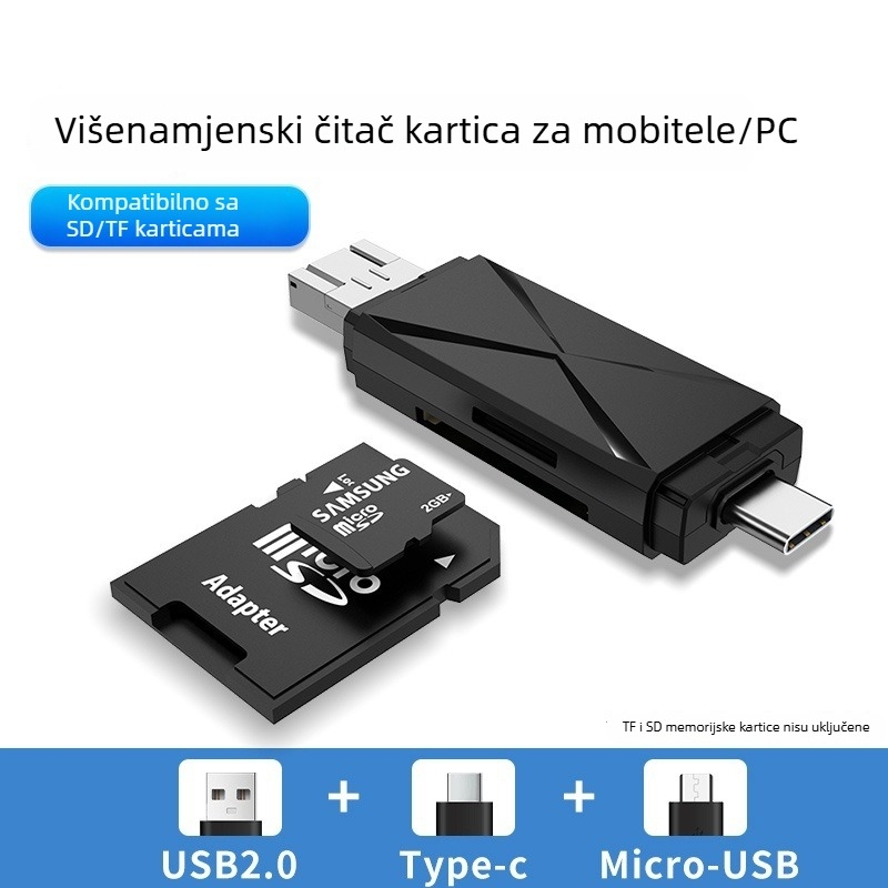 USB 3.0 čitač kartica s dva utora, preklopni dizajn, SDHC podrška, kompatibilan s Type-C uređajima
