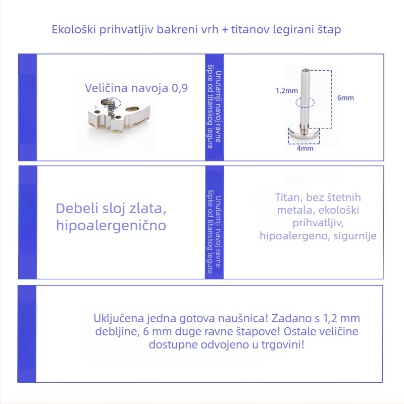 Naušnica za uho od G23 titanijske legure, srcolik oblik s privjeskom četverostrane zvijezde, unutarnji navoj, pozlaćeni završetak