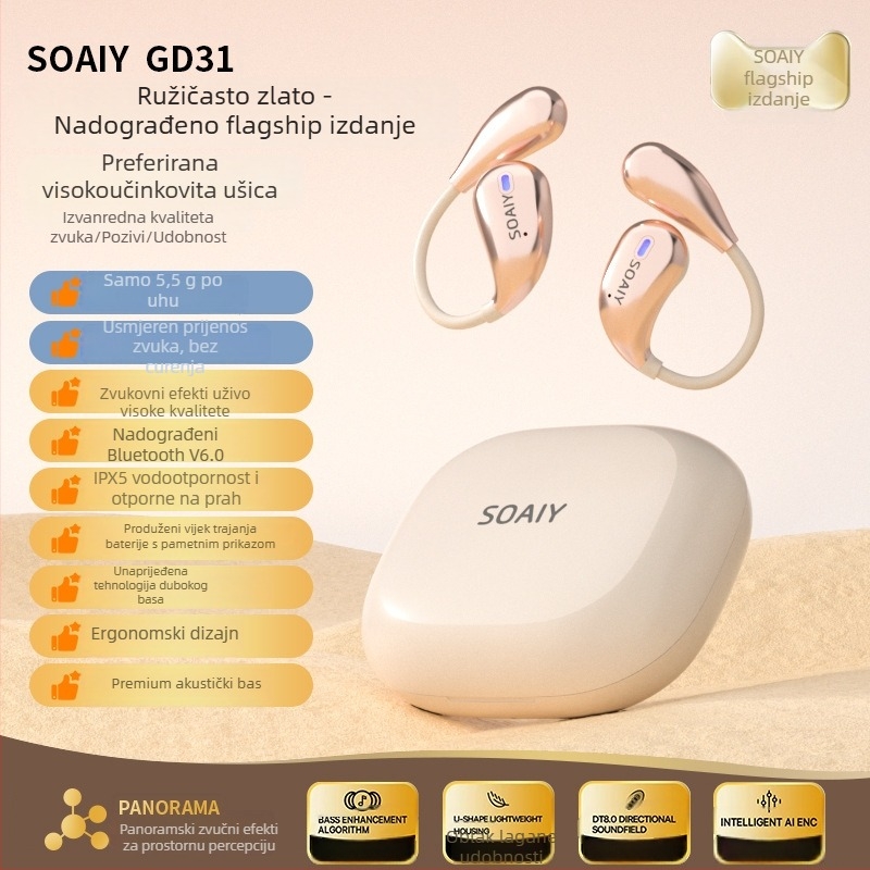Soaiy GD31 bežične slušalice s kostnom kondukcijom, otvoren dizajn za uho, Bluetooth, stereo zvuk na obje strane, autonomia baterije do 4 sata