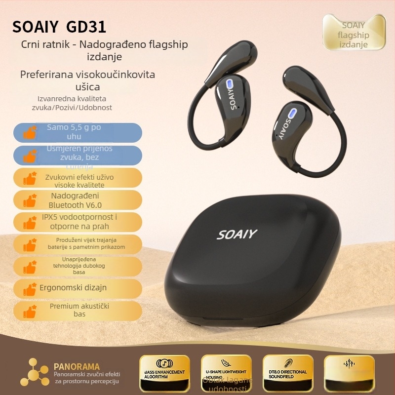 Soaiy GD31 bežične slušalice s kostnom kondukcijom, otvoren dizajn za uho, Bluetooth, stereo zvuk na obje strane, autonomia baterije do 4 sata