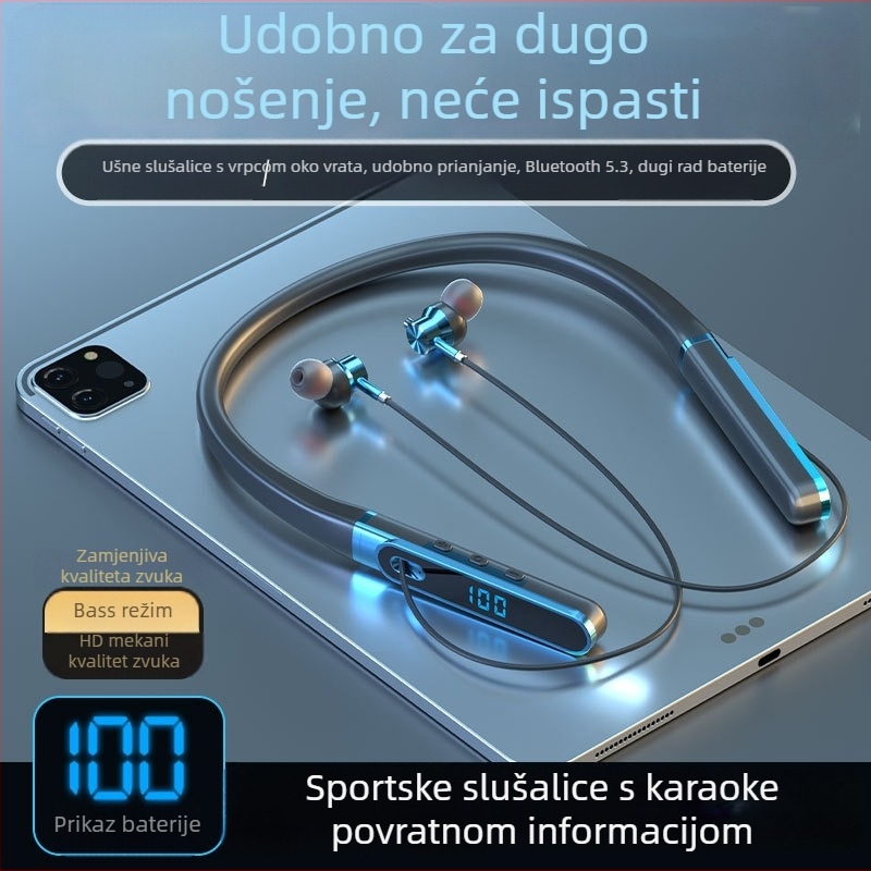 Aaalbl Bluetooth slušalice s trakom oko vrata za karaoke i live streaming – Stereo zvuk, Bluetooth 5.4, domet 10 m, baterija 4–8 sati, digitalni zaslon