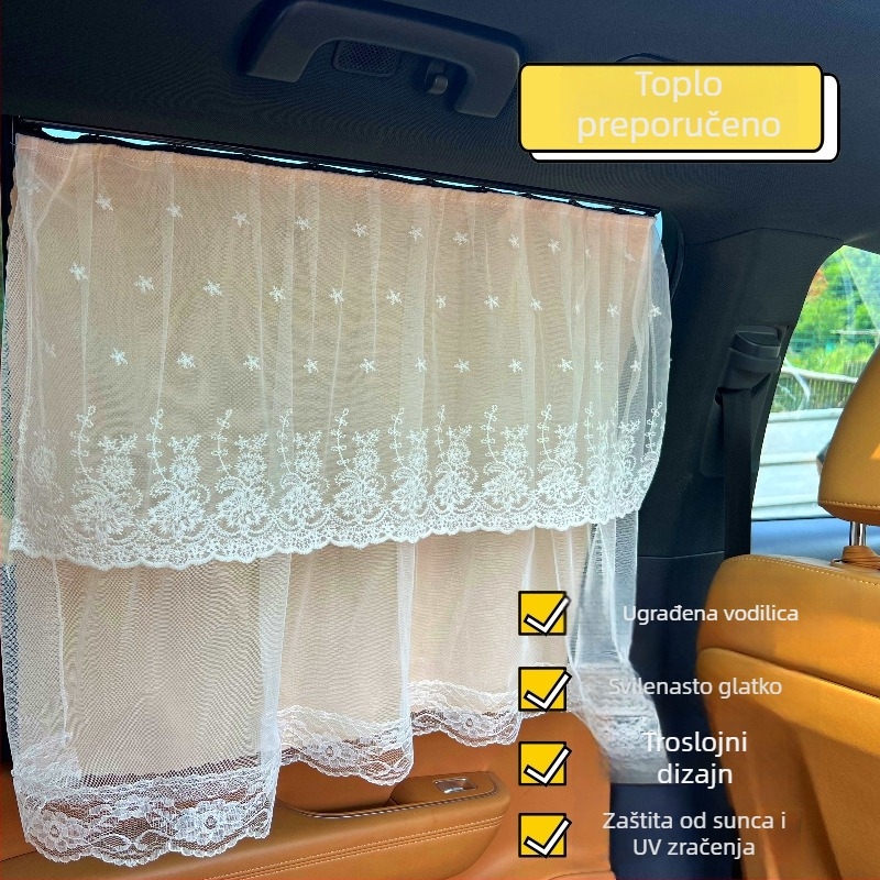 Auto zavjesa za sunce s čipkom, trostruka slojka u stilu princeze za djecu, zaštita od sunca i topline, pričvršivanje za prozor automobila