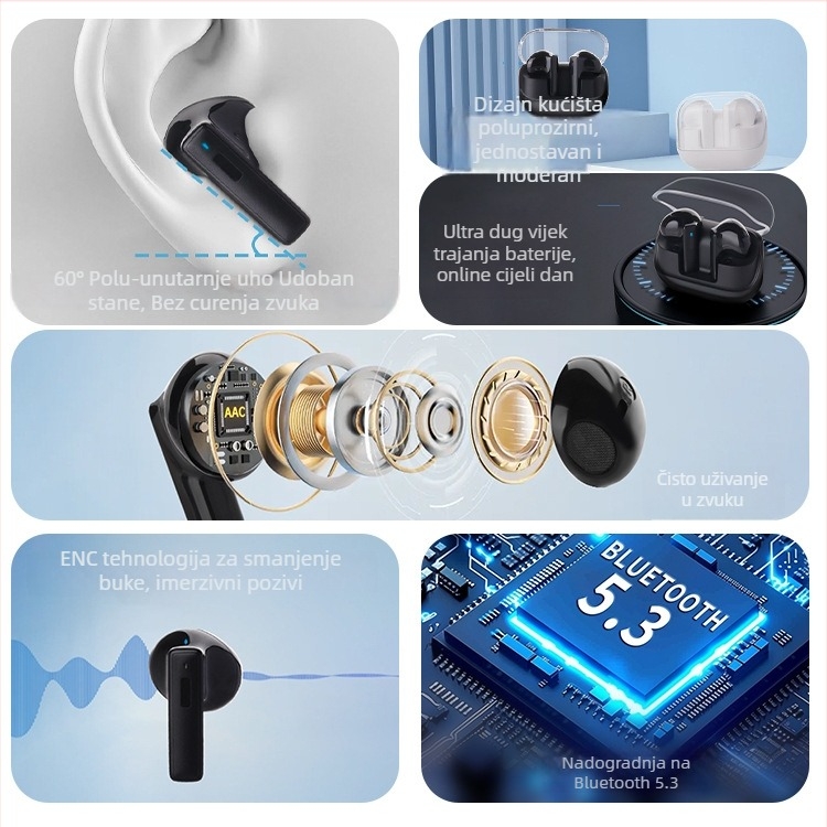 Bežične Bluetooth slušalice s aktivnim otklanjanjem buke, udobne za dulje nošenje, stereo slušalice u uhu s prilagođenim modelom