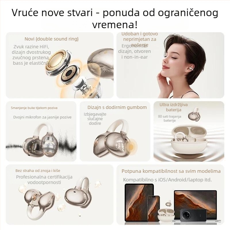 JS680 Slušalice s klipsom za uho, bežične Bluetooth slušalice, dvostruki stereo zvuk, Bluetooth 6.0, 4–8 h trajanje baterije, vodootporne, Zhongke Lanxun čip