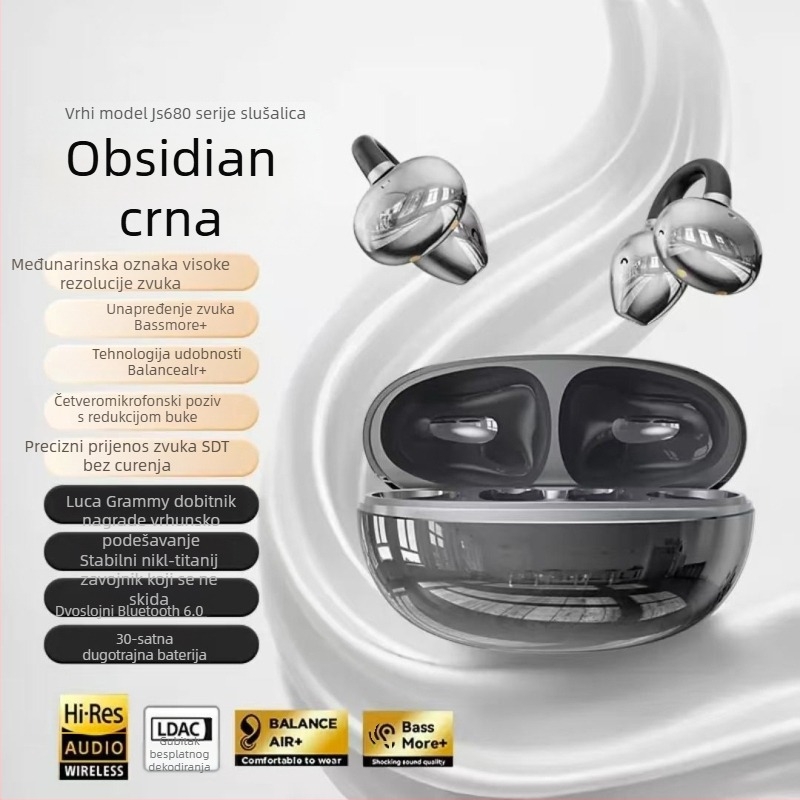 JS680 Slušalice s klipsom za uho, bežične Bluetooth slušalice, dvostruki stereo zvuk, Bluetooth 6.0, 4–8 h trajanje baterije, vodootporne, Zhongke Lanxun čip
