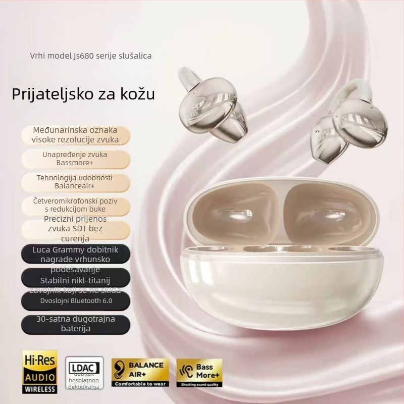 JS680 Slušalice s klipsom za uho, bežične Bluetooth slušalice, dvostruki stereo zvuk, Bluetooth 6.0, 4–8 h trajanje baterije, vodootporne, Zhongke Lanxun čip