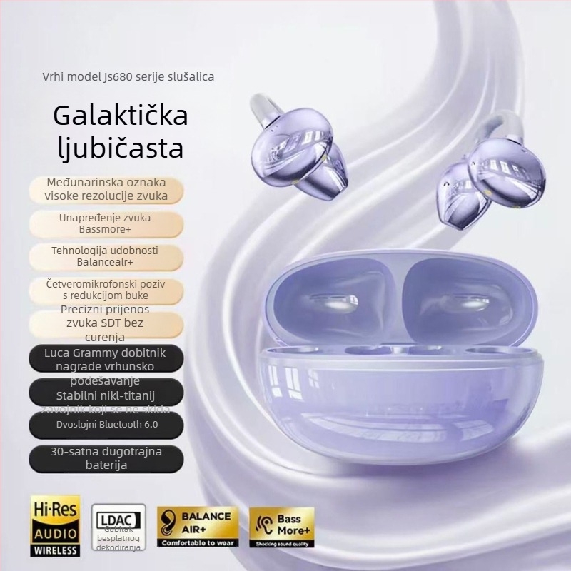 JS680 Slušalice s klipsom za uho, bežične Bluetooth slušalice, dvostruki stereo zvuk, Bluetooth 6.0, 4–8 h trajanje baterije, vodootporne, Zhongke Lanxun čip