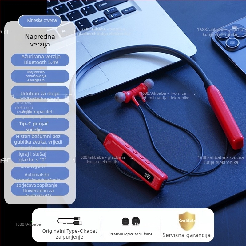 Bluetooth slušalice za vrat s redukcijom šuma, digitalni zaslon, Bluetooth 5.0, trajanje baterije preko 8 sati, sportski stil