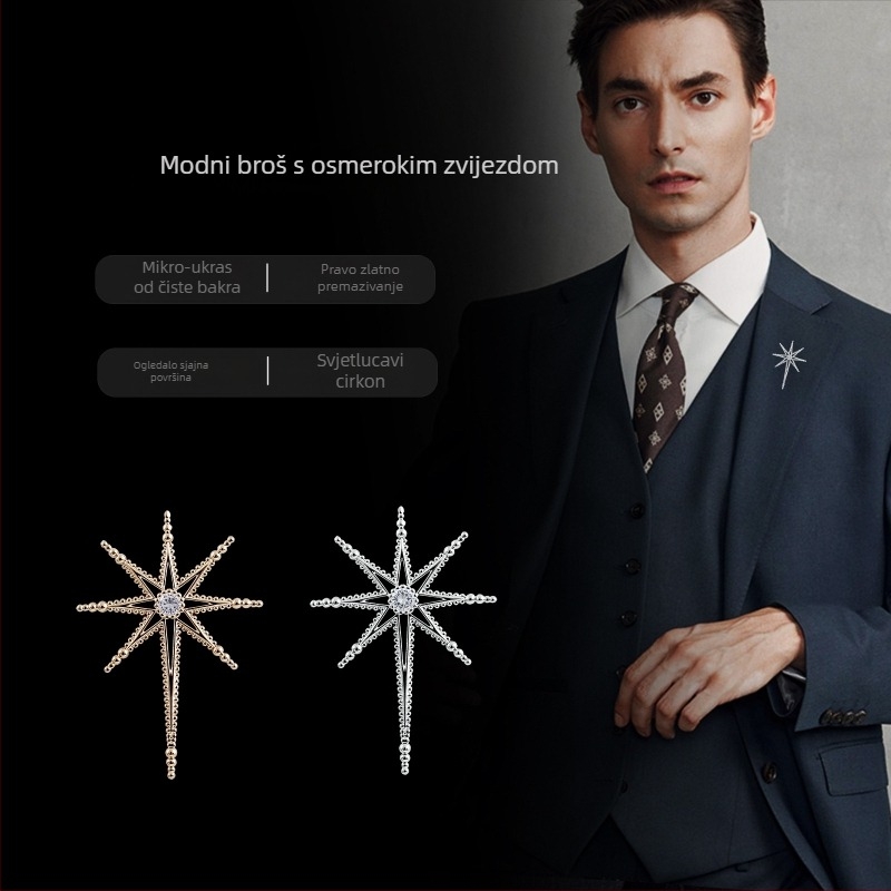 Bakrena broš s inkrustacijom cirkonija, osmerokraka zvijezda i križ zvijezda, geometrijski dizajn, unisex