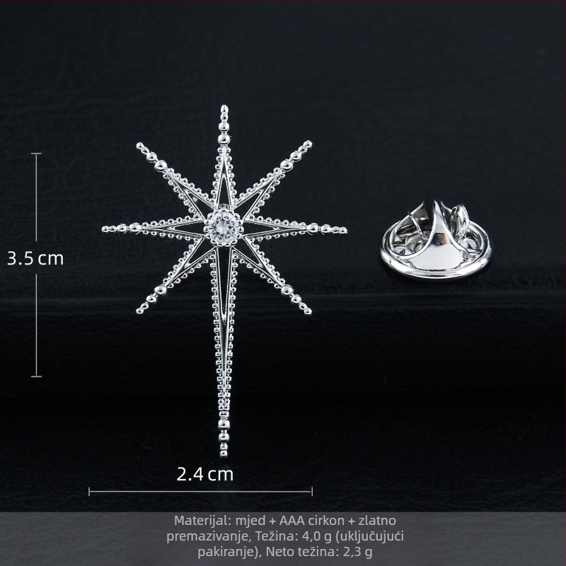 Bakrena broš s inkrustacijom cirkonija, osmerokraka zvijezda i križ zvijezda, geometrijski dizajn, unisex