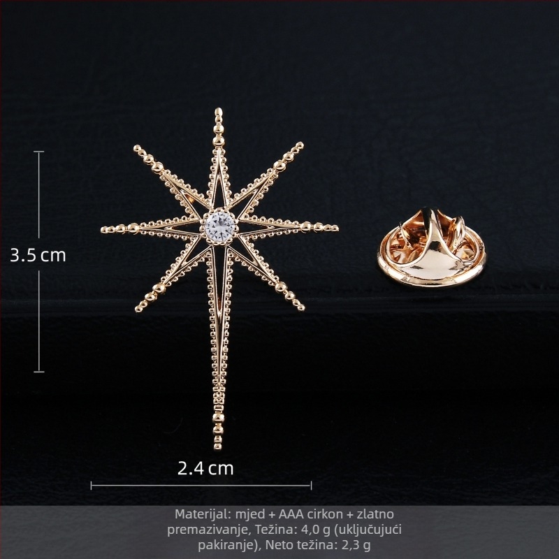 Bakrena broš s inkrustacijom cirkonija, osmerokraka zvijezda i križ zvijezda, geometrijski dizajn, unisex