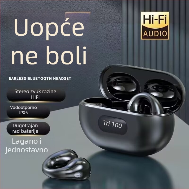 Klip-on bežične Bluetooth slušalice, Bluetooth 5.3, domet 10 m, trajanje baterije 4–8 h, stereo