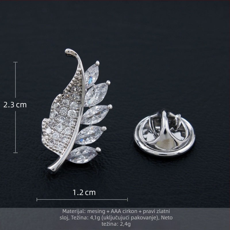 Bakrena listna broš s mikro ugraviranim cirkonom, unisex rever pin, vrhunski dodatak