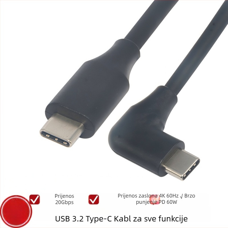 L-oblik USB-C 3.2 Gen2 kabel za podatke s dvostrukim krajem, PD brzo punjenje, podrška 4K projekcije