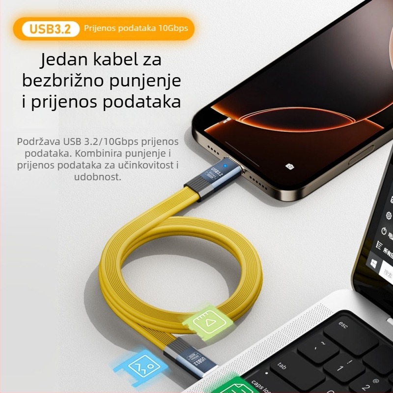USB 3.2 na Type-C kabel za podatke, silikonski pleteni produžni kabel, duljina 0.5–1 m, 36W max, jedan konektor