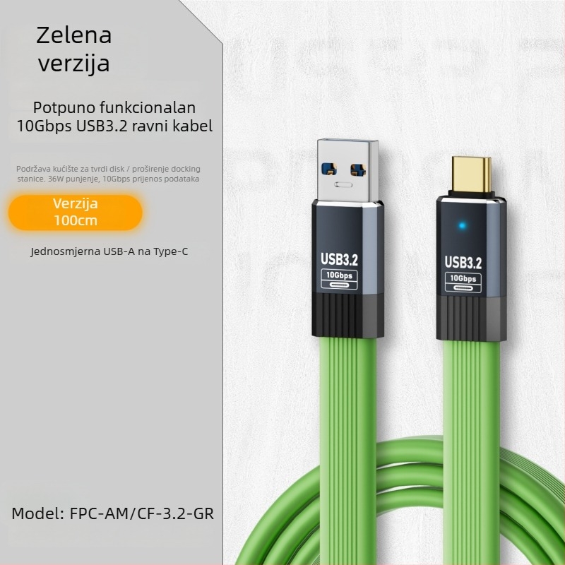 USB 3.2 na Type-C kabel za podatke, silikonski pleteni produžni kabel, duljina 0.5–1 m, 36W max, jedan konektor