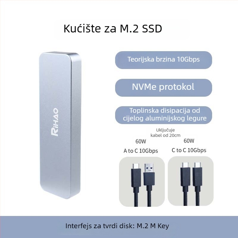 Rihao R10 M.2 NVMe SSD kućište, aluminijska legura, podržava 4TB, 10Gbps prijenos