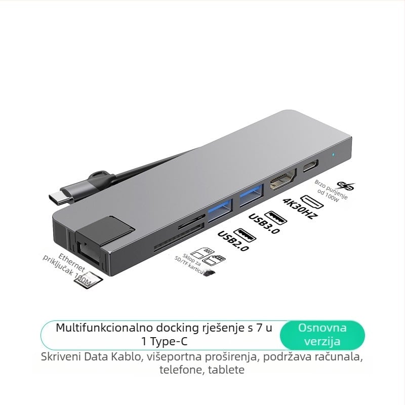 Type-C 7-u-1 docking stanica za računalo, USB-C sučelje, 5 Gbps prijenos, Gigabit Ethernet, PD100 brzo punjenje, CNC aluminijsko kućište