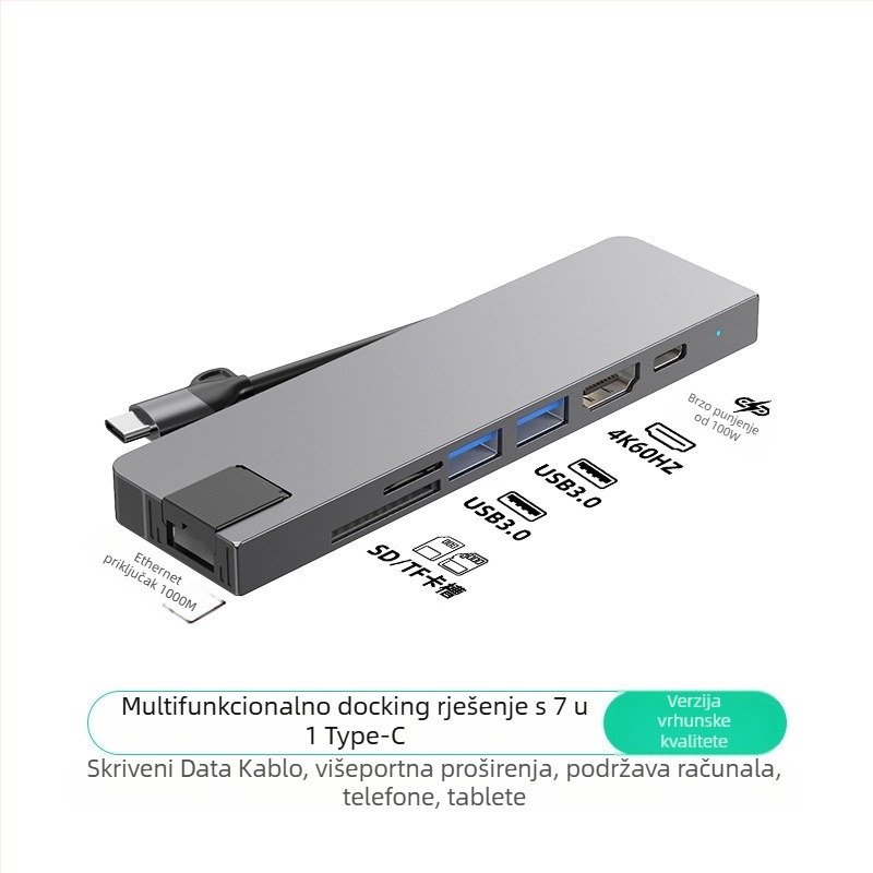 Type-C 7-u-1 docking stanica za računalo, USB-C sučelje, 5 Gbps prijenos, Gigabit Ethernet, PD100 brzo punjenje, CNC aluminijsko kućište