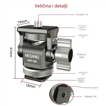 Medarig aluminijski PTZ pan-tilt nosač s univerzalnom hladnom cipelom i 1/4-inčnim vijkom, nosivost do 2–5 kg