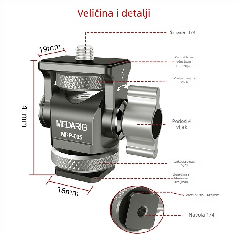 Medarig aluminijski PTZ pan-tilt nosač s univerzalnom hladnom cipelom i 1/4-inčnim vijkom, nosivost do 2–5 kg