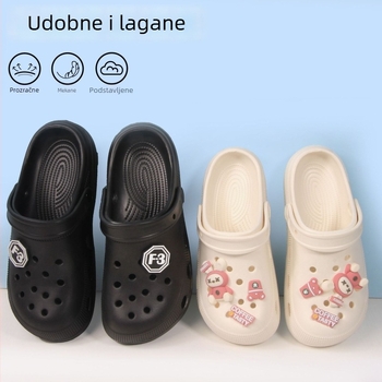 Ženske EVA papuče Crocs stila za leto: lagane, brzo se suše, prozračne, vodootporne, protuklizne, s 2–3 cm debelim EVA potplatom; dvije mogućnosti nošenja, zatvoren vrh, za vrt i plažu, s cartoon printom