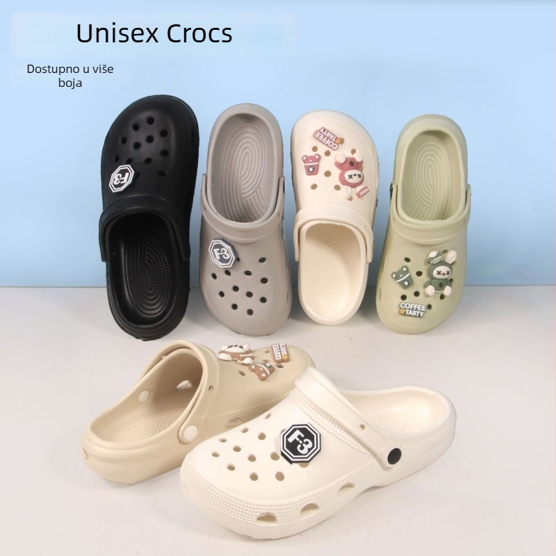 Ženske EVA papuče Crocs stila za leto: lagane, brzo se suše, prozračne, vodootporne, protuklizne, s 2–3 cm debelim EVA potplatom; dvije mogućnosti nošenja, zatvoren vrh, za vrt i plažu, s cartoon printom