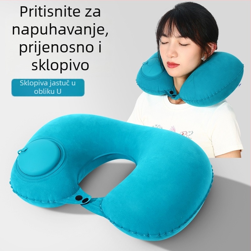 Nafuknuta U-oblik jastučnica za vrat, putna, prijenosna, s pritiskom ventila, lagana do 0,5 kg, flokirani materijal