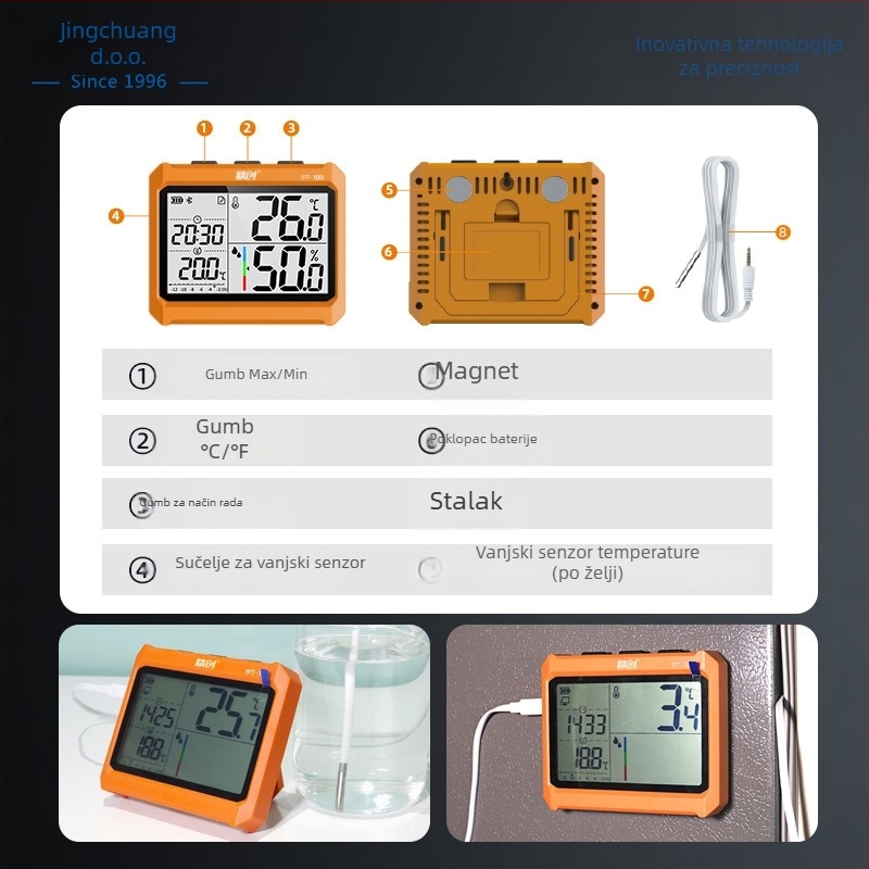 IPT-100 Industrijski mjerač temperature i vlage, visoka preciznost, Bluetooth daljinsko praćenje, napajanje AAA baterijom, za industrijske skladišta i radionice