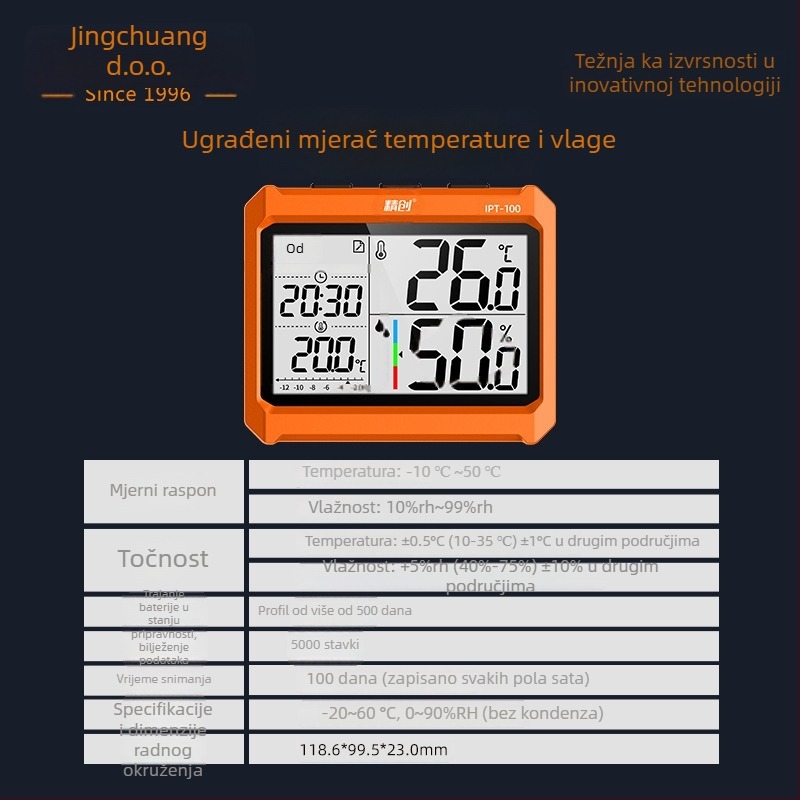 IPT-100 Industrijski mjerač temperature i vlage, visoka preciznost, Bluetooth daljinsko praćenje, napajanje AAA baterijom, za industrijske skladišta i radionice