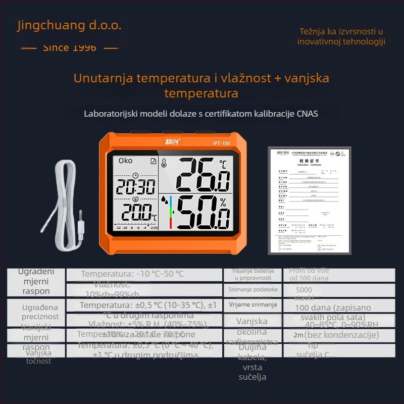 IPT-100 Industrijski mjerač temperature i vlage, visoka preciznost, Bluetooth daljinsko praćenje, napajanje AAA baterijom, za industrijske skladišta i radionice